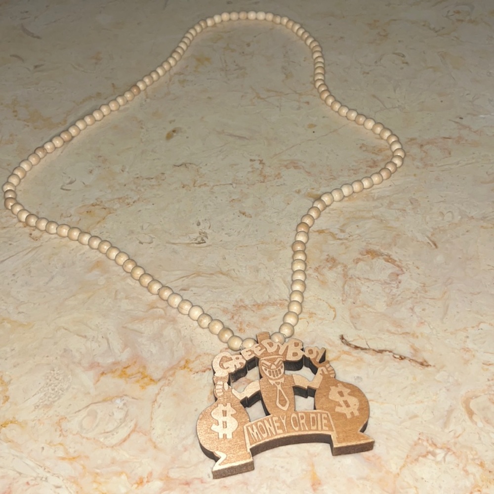 Greedy Boy “Money Or Die” Money Bandit With Bags Wooden Beaded Necklace